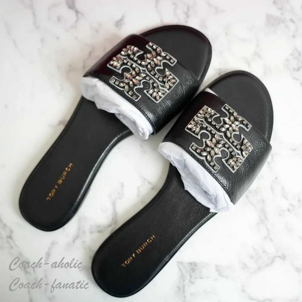 NIB Tory Burch Everly Embellished Crystal Logo Flat Slide Sandal Black Leather